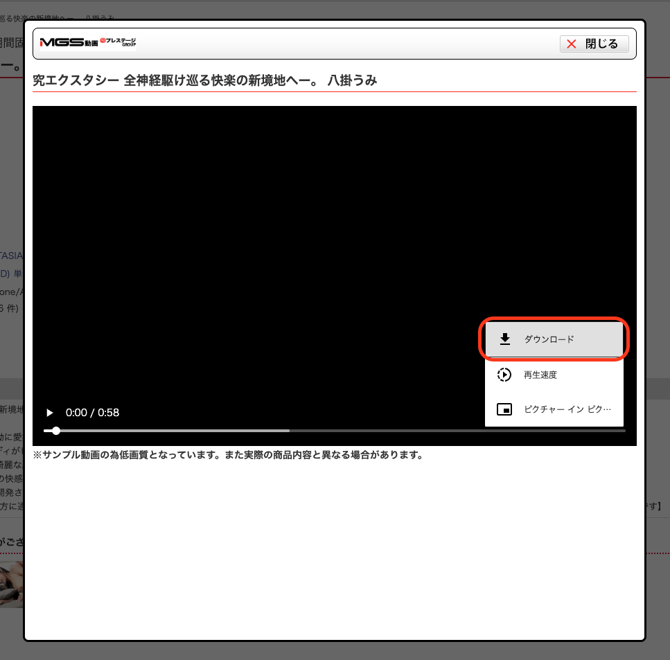 サンプル動画プレイヤーのメニューとダウンロードボタン